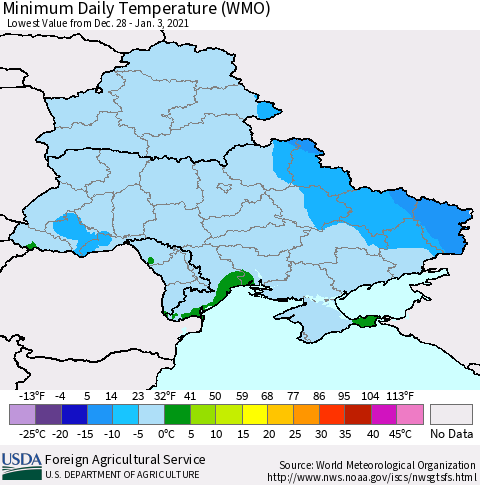 Ukraine, Moldova and Belarus Minimum Daily Temperature (WMO) Thematic Map For 12/28/2020 - 1/3/2021