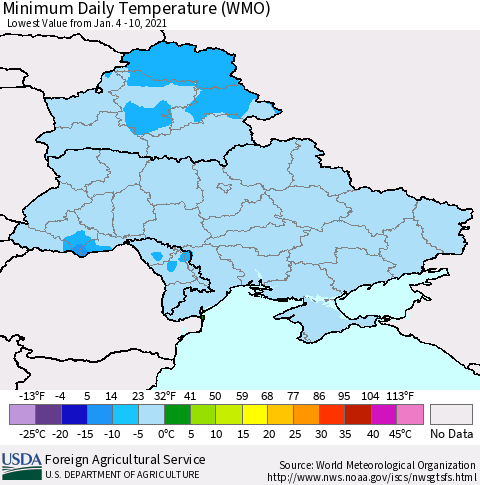 Ukraine, Moldova and Belarus Extreme Minimum Temperature (WMO) Thematic Map For 1/4/2021 - 1/10/2021