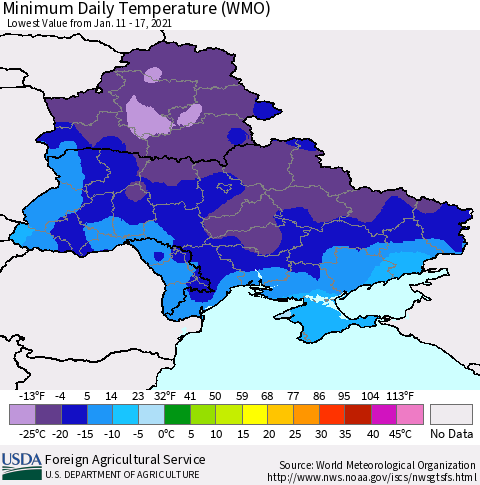 Ukraine, Moldova and Belarus Minimum Daily Temperature (WMO) Thematic Map For 1/11/2021 - 1/17/2021