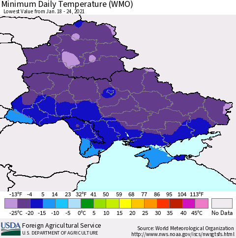 Ukraine, Moldova and Belarus Minimum Daily Temperature (WMO) Thematic Map For 1/18/2021 - 1/24/2021