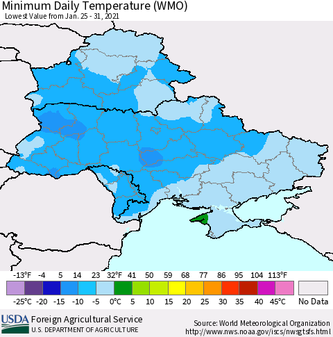 Ukraine, Moldova and Belarus Minimum Daily Temperature (WMO) Thematic Map For 1/25/2021 - 1/31/2021