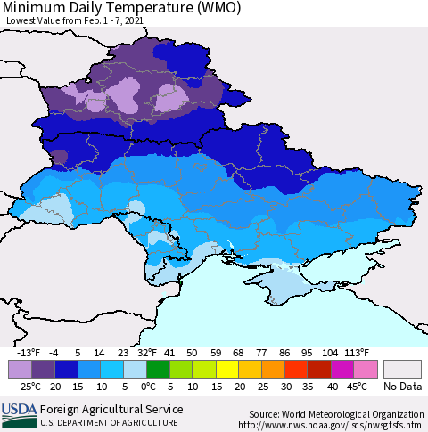 Ukraine, Moldova and Belarus Minimum Daily Temperature (WMO) Thematic Map For 2/1/2021 - 2/7/2021