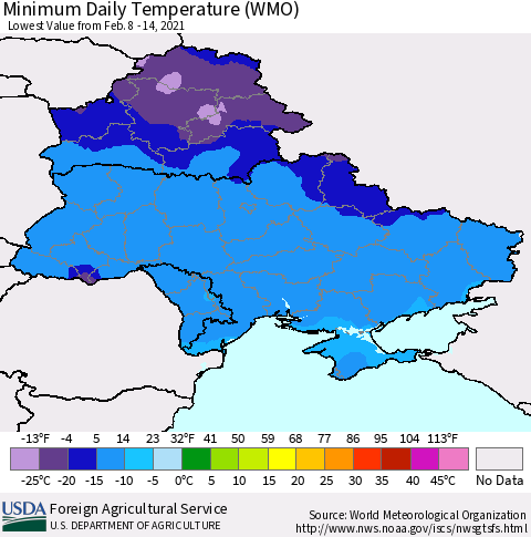 Ukraine, Moldova and Belarus Minimum Daily Temperature (WMO) Thematic Map For 2/8/2021 - 2/14/2021