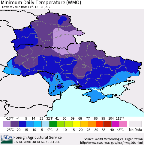 Ukraine, Moldova and Belarus Extreme Minimum Temperature (WMO) Thematic Map For 2/15/2021 - 2/21/2021