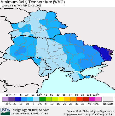 Ukraine, Moldova and Belarus Extreme Minimum Temperature (WMO) Thematic Map For 2/22/2021 - 2/28/2021
