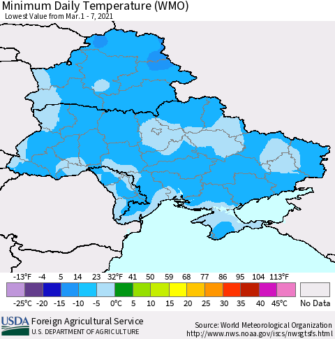 Ukraine, Moldova and Belarus Minimum Daily Temperature (WMO) Thematic Map For 3/1/2021 - 3/7/2021