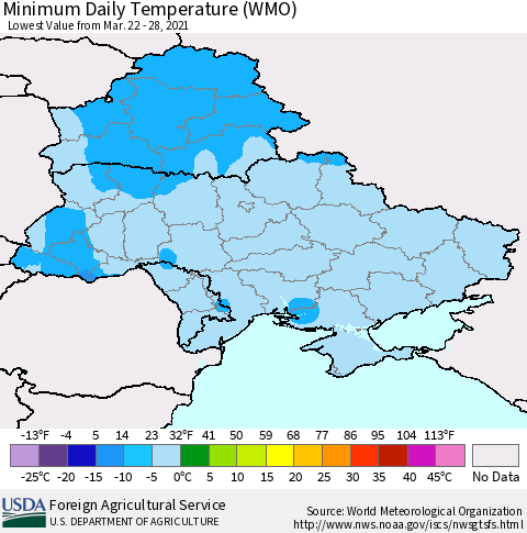 Ukraine, Moldova and Belarus Minimum Daily Temperature (WMO) Thematic Map For 3/22/2021 - 3/28/2021