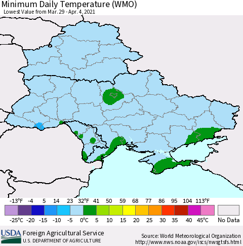 Ukraine, Moldova and Belarus Extreme Minimum Temperature (WMO) Thematic Map For 3/29/2021 - 4/4/2021