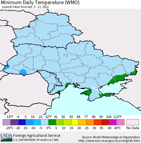 Ukraine, Moldova and Belarus Extreme Minimum Temperature (WMO) Thematic Map For 4/5/2021 - 4/11/2021
