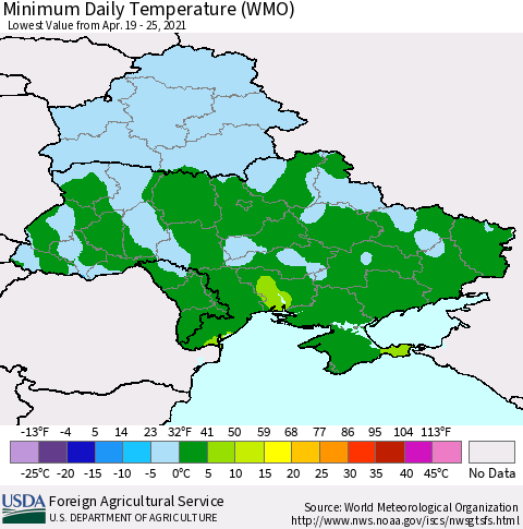 Ukraine, Moldova and Belarus Extreme Minimum Temperature (WMO) Thematic Map For 4/19/2021 - 4/25/2021