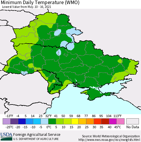Ukraine, Moldova and Belarus Minimum Daily Temperature (WMO) Thematic Map For 5/10/2021 - 5/16/2021