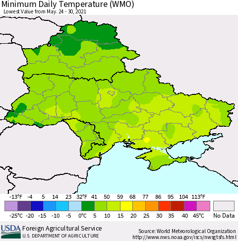 Ukraine, Moldova and Belarus Minimum Daily Temperature (WMO) Thematic Map For 5/24/2021 - 5/30/2021