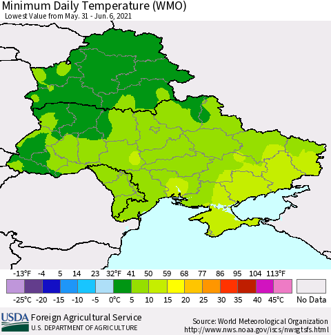 Ukraine, Moldova and Belarus Extreme Minimum Temperature (WMO) Thematic Map For 5/31/2021 - 6/6/2021
