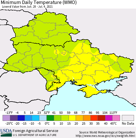 Ukraine, Moldova and Belarus Minimum Daily Temperature (WMO) Thematic Map For 6/28/2021 - 7/4/2021