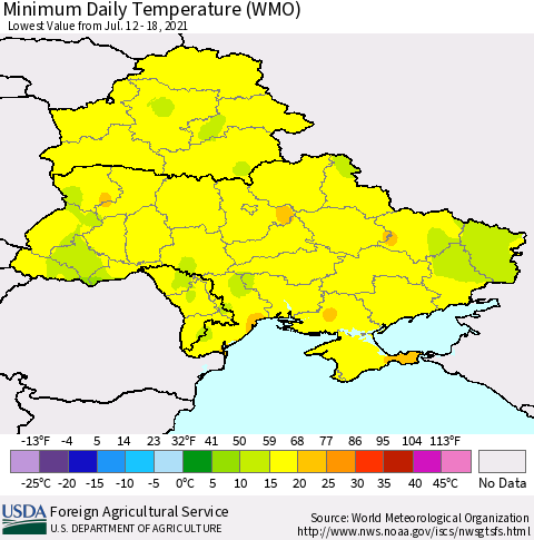 Ukraine, Moldova and Belarus Minimum Daily Temperature (WMO) Thematic Map For 7/12/2021 - 7/18/2021