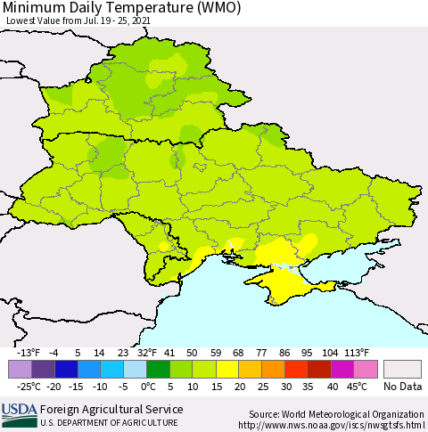 Ukraine, Moldova and Belarus Minimum Daily Temperature (WMO) Thematic Map For 7/19/2021 - 7/25/2021
