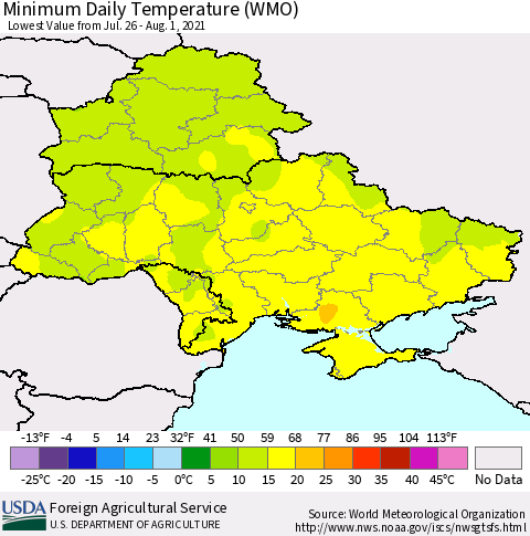 Ukraine, Moldova and Belarus Extreme Minimum Temperature (WMO) Thematic Map For 7/26/2021 - 8/1/2021