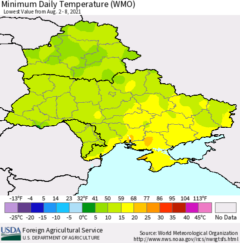 Ukraine, Moldova and Belarus Minimum Daily Temperature (WMO) Thematic Map For 8/2/2021 - 8/8/2021