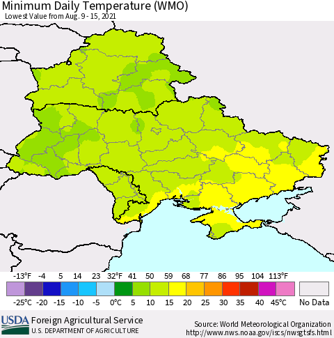 Ukraine, Moldova and Belarus Minimum Daily Temperature (WMO) Thematic Map For 8/9/2021 - 8/15/2021