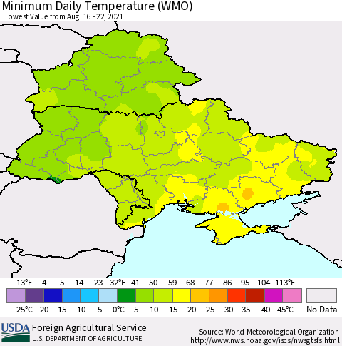 Ukraine, Moldova and Belarus Minimum Daily Temperature (WMO) Thematic Map For 8/16/2021 - 8/22/2021