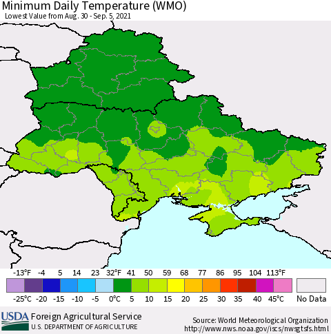 Ukraine, Moldova and Belarus Extreme Minimum Temperature (WMO) Thematic Map For 8/30/2021 - 9/5/2021