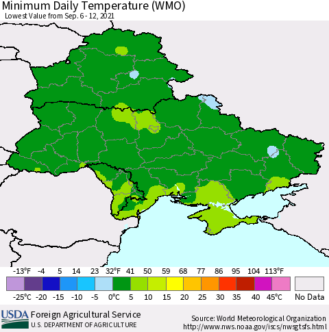 Ukraine, Moldova and Belarus Extreme Minimum Temperature (WMO) Thematic Map For 9/6/2021 - 9/12/2021