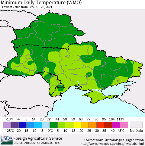 Ukraine, Moldova and Belarus Minimum Daily Temperature (WMO) Thematic Map For 9/20/2021 - 9/26/2021
