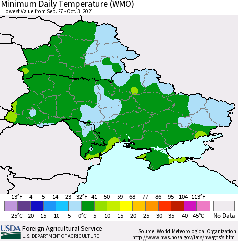 Ukraine, Moldova and Belarus Minimum Daily Temperature (WMO) Thematic Map For 9/27/2021 - 10/3/2021