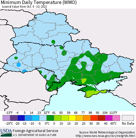 Ukraine, Moldova and Belarus Minimum Daily Temperature (WMO) Thematic Map For 10/4/2021 - 10/10/2021
