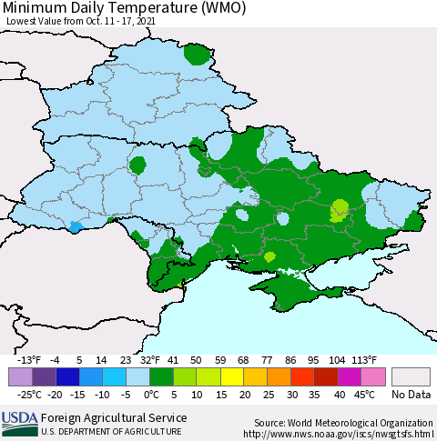 Ukraine, Moldova and Belarus Minimum Daily Temperature (WMO) Thematic Map For 10/11/2021 - 10/17/2021