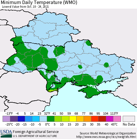 Ukraine, Moldova and Belarus Minimum Daily Temperature (WMO) Thematic Map For 10/18/2021 - 10/24/2021