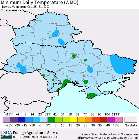 Ukraine, Moldova and Belarus Extreme Minimum Temperature (WMO) Thematic Map For 10/25/2021 - 10/31/2021