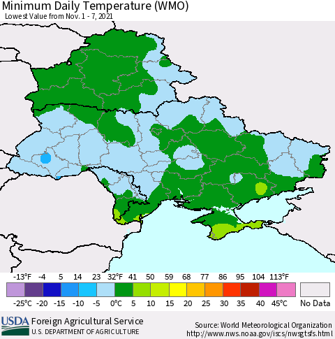 Ukraine, Moldova and Belarus Minimum Daily Temperature (WMO) Thematic Map For 11/1/2021 - 11/7/2021
