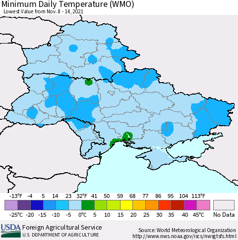 Ukraine, Moldova and Belarus Minimum Daily Temperature (WMO) Thematic Map For 11/8/2021 - 11/14/2021