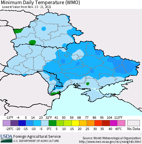Ukraine, Moldova and Belarus Minimum Daily Temperature (WMO) Thematic Map For 11/15/2021 - 11/21/2021