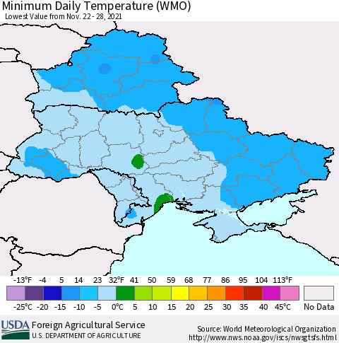 Ukraine, Moldova and Belarus Minimum Daily Temperature (WMO) Thematic Map For 11/22/2021 - 11/28/2021