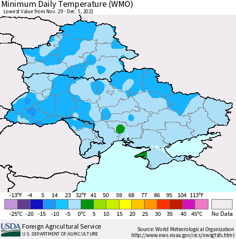 Ukraine, Moldova and Belarus Extreme Minimum Temperature (WMO) Thematic Map For 11/29/2021 - 12/5/2021