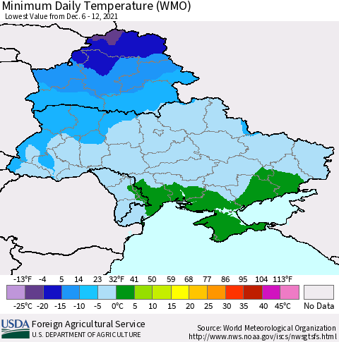 Ukraine, Moldova and Belarus Extreme Minimum Temperature (WMO) Thematic Map For 12/6/2021 - 12/12/2021