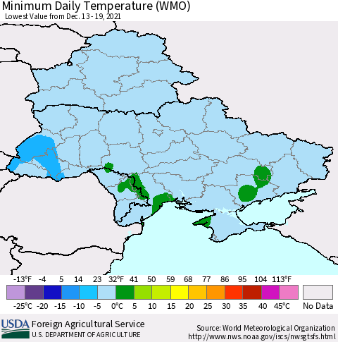 Ukraine, Moldova and Belarus Minimum Daily Temperature (WMO) Thematic Map For 12/13/2021 - 12/19/2021