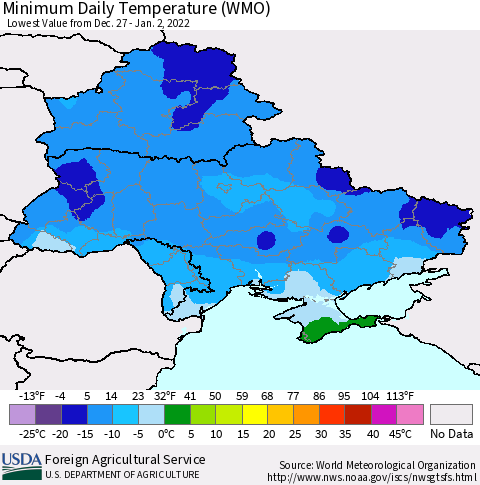 Ukraine, Moldova and Belarus Minimum Daily Temperature (WMO) Thematic Map For 12/27/2021 - 1/2/2022