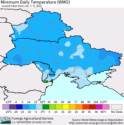 Ukraine, Moldova and Belarus Minimum Daily Temperature (WMO) Thematic Map For 1/3/2022 - 1/9/2022
