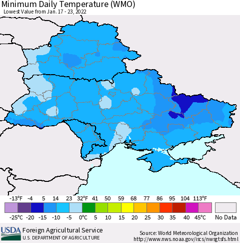 Ukraine, Moldova and Belarus Minimum Daily Temperature (WMO) Thematic Map For 1/17/2022 - 1/23/2022
