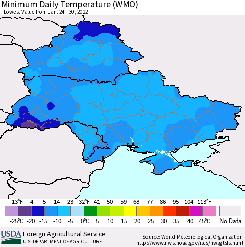 Ukraine, Moldova and Belarus Minimum Daily Temperature (WMO) Thematic Map For 1/24/2022 - 1/30/2022