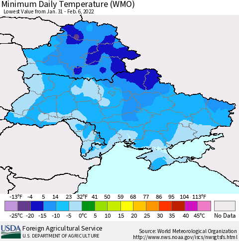 Ukraine, Moldova and Belarus Minimum Daily Temperature (WMO) Thematic Map For 1/31/2022 - 2/6/2022
