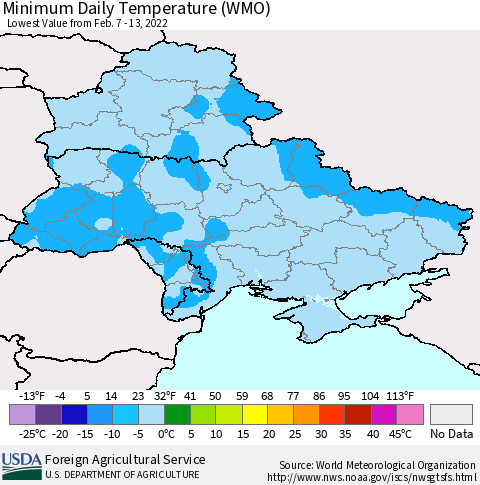 Ukraine, Moldova and Belarus Minimum Daily Temperature (WMO) Thematic Map For 2/7/2022 - 2/13/2022