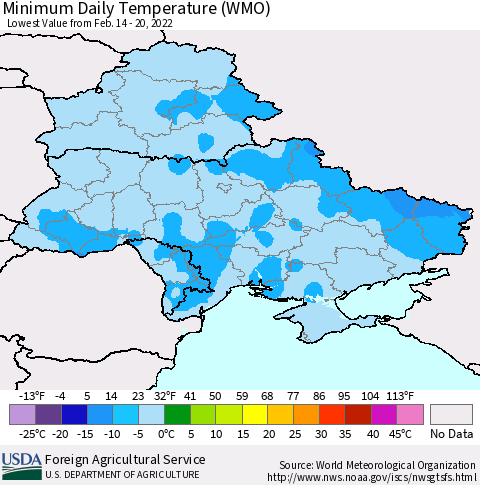 Ukraine, Moldova and Belarus Minimum Daily Temperature (WMO) Thematic Map For 2/14/2022 - 2/20/2022