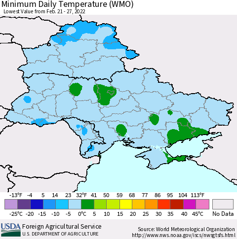 Ukraine, Moldova and Belarus Minimum Daily Temperature (WMO) Thematic Map For 2/21/2022 - 2/27/2022