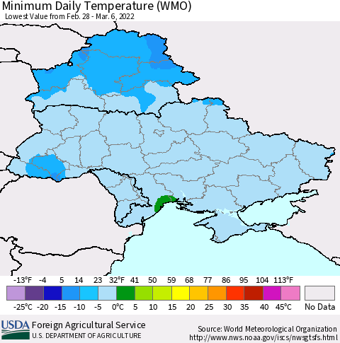 Ukraine, Moldova and Belarus Minimum Daily Temperature (WMO) Thematic Map For 2/28/2022 - 3/6/2022