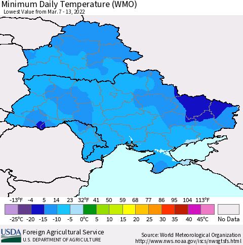 Ukraine, Moldova and Belarus Minimum Daily Temperature (WMO) Thematic Map For 3/7/2022 - 3/13/2022