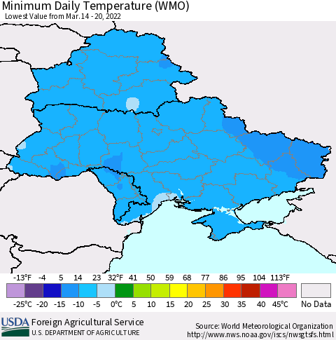 Ukraine, Moldova and Belarus Minimum Daily Temperature (WMO) Thematic Map For 3/14/2022 - 3/20/2022